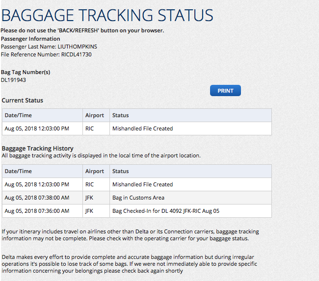 Delta Online Baggage Status